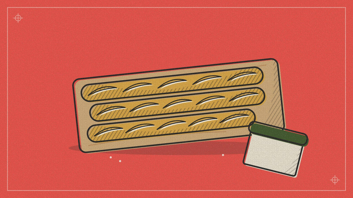 Baguettes et coupe pâte, dessinés sur fond corail