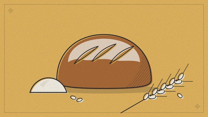 Boule de pain farinée et grignée, dessinée sur fond blé