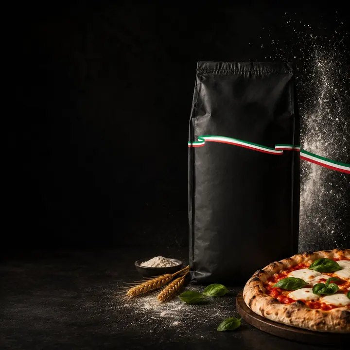 Sac de farine de force W400 et pizza napolitaine sur le plan de travail