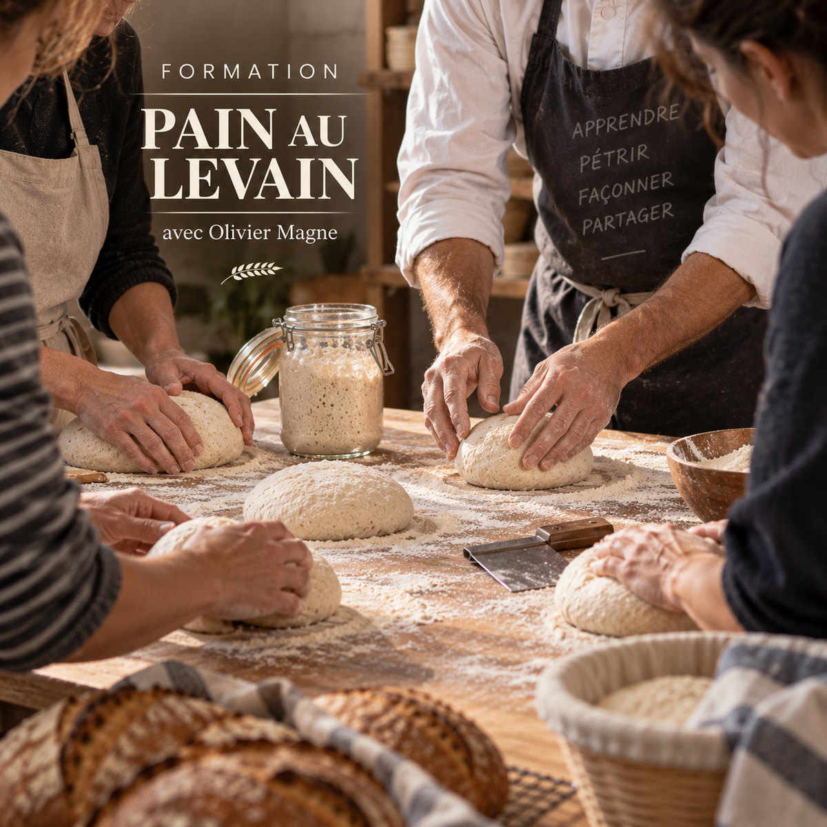 Stagiaires façonnant des pains au levain autour d’un pot de levain naturel pendant la formation pain au levain en Vendée