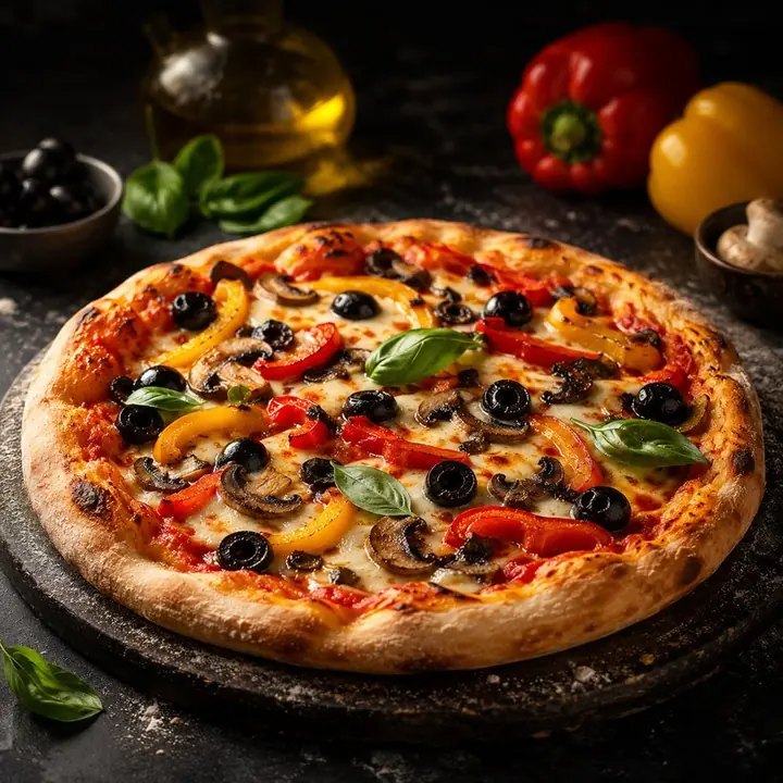 Pizza aux légumes grillés, olives et champignons