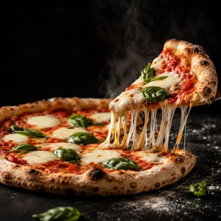 Part de pizza à la mozzarella filante et au basilic